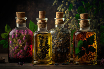 On a wooden table are bottles of tinctures or infusions made from beneficial medical herbs and plants. medicinal plants. Generative AI - obrazy, fototapety, plakaty