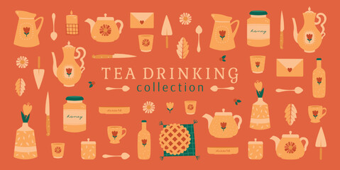 Big tea drinking set illustrations. Teapots, hand-drawn cups, vase of flowers, cake, candle, spoons, knife, jars, sweets. Breakfast, tea party, sweet home concept. Flat cliparts in modern style.