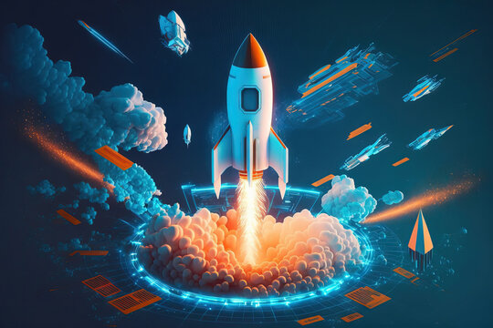 Modern rocket launches on a blue background. Metaverse knowledge. Business Start up with a rocket themed product launch. The portal or hologram is where the rocket launches. and Setting. Generative AI