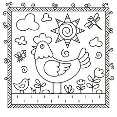 Fototapeta premium Chicken and chick in the meadow with flowers.