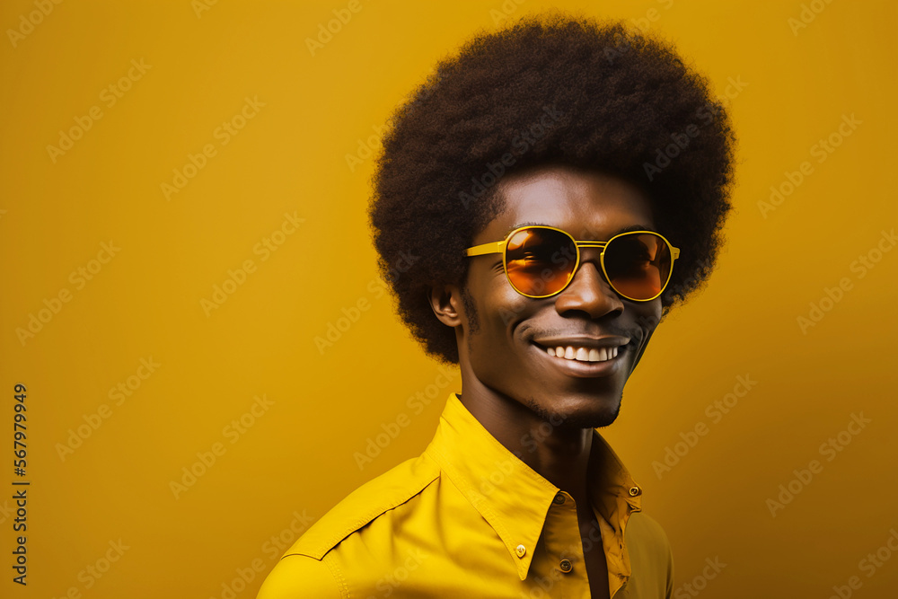 Wall mural Full body portrait, Stock photography portrait of an afro haired man wearing sunglasses smiling, yellow background. Ai generated art