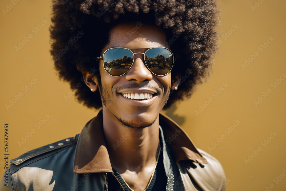 Poster full body portrait, stock photography portrait of an afro haired men wearing sunglasses smiling. ai 