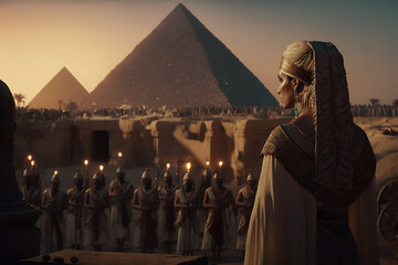 Cleopatra's speech to the crowd at sunset with the pyramids of Giza in the background in Egypt. Ai generated art - obrazy, fototapety, plakaty
