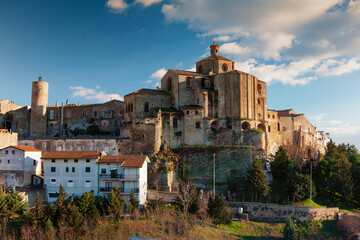 Fototapeta na wymiar Irsina, Matera. Esterno della Chiesa di Santa Maria Assunta con case del borgo 