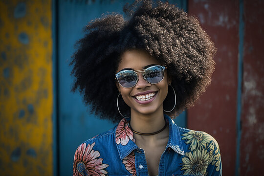 Full body portrait, Stock photography portrait of an afro haired girl wearing sunglasses smiling. Ai generated art