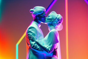 Obraz na płótnie Canvas Glamorous futuristic couple kissing on colorful futuristic. Ai generated art