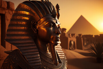 Tutankhamun at sunset with the pyramids of Giza in the background in Egypt. Ai generated art