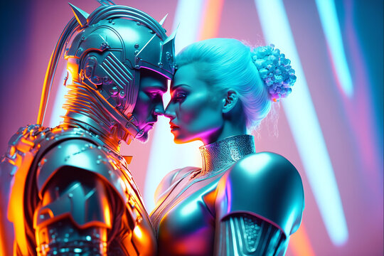 Glamorous futuristic couple kissing on colorful futuristic. Ai generated art