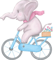Cute cartoon watercolor elephant riding bicycle