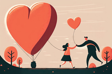 Couple man and woman sending love with heart balloons. Valentine's day illustration concept. Generative AI.
