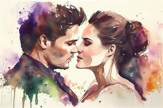 watercolor painting of a couple kissing
