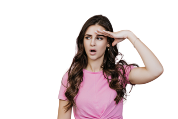 Bored brunette caucasian young woman in pink t-shirt touches forehead with tired face expression against transparent background. Exhausted Italian girl with  wavy looks away. Fatigue concept.