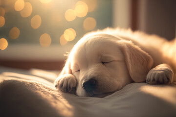 Obraz premium Adorable calm sleeping Labrador Retriever puppy, cozy sun rim light, selective focus background with bokeh. Sleepy dog close up portrait. AI generative image.