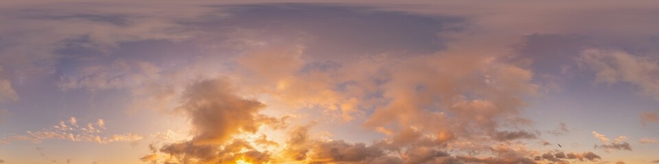 Dark blue sunset sky panorama with pink Cumulus clouds. Seamless hdr 360 panorama in spherical equirectangular format. Full zenith for 3D visualization, sky replacement for aerial drone panoramas.