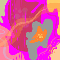 abstract fantasy painting for the interior. colorful natural background. bright pink, burgundy and orange rounded shapes. wavy transparent lines. a hand-drawn drawing. print, cover.
