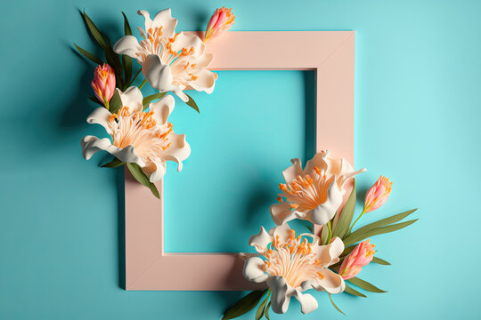 Vertical square frame with beautiful floral decoration made of alstroemeria flowers and leaves. Top view bright blue background with place for text. AI generative image.