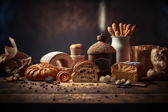 Assorted fresh bakery products composition on dark background. Close up. Loaves of bread, coffee beans and sweet buns. AI generative image.