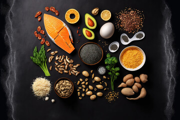 Fototapeta na wymiar Omega 3 food sources with a top view and a dark background. Vegetables, seafood, nuts, and seeds are examples of foods high in fatty acids. Fit food is healthy. Generative AI
