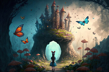 amazing landscape with butterflies, a stunning old castle, and mushrooms. Alice in Wonderland fairy tale illustration. Generative AI - obrazy, fototapety, plakaty