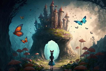 Fotobehang amazing landscape with butterflies, a stunning old castle, and mushrooms. Alice in Wonderland fairy tale illustration. Generative AI © 2rogan