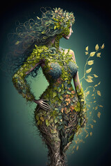 Portrait of beautiful mother nature maiden illustration. Mythology elegant dryad woman. Magical forest nymph. Ecology green power concept. AI generative image. - obrazy, fototapety, plakaty