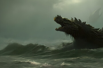 Monster in sea, dragon in waters, dark ocean background, composition, detailed concept art, photorealistic concept art, cinematic perfect light,   masterpiece