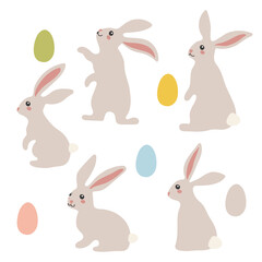 Easter bunny. Modern egg, rabbits for children, standing with a poster. Rabbit or hare, a spring festive animal with Easter eggs. Cartoon festive simple vector character. Grey rabbit and colored eggs