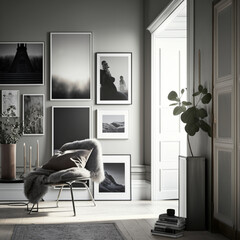 Modern living room interior design, gray minimalism 