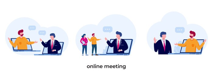 Online meeting concept. People on computer screen taking with colleague. Videoconferencing and online meeting workspace vector page