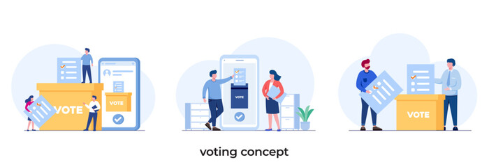 Men and women throw voting lists to an electronic ballot box. Online voting, freedom of choices, democracy concept. Flat vector illustration.