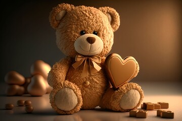 Valentine's day love themed teddy bear holding chocolate, generative ai