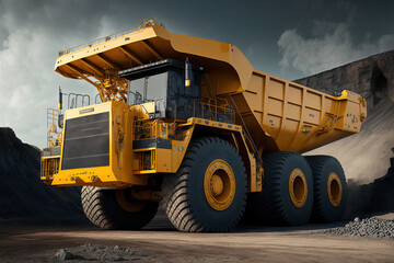 large dump truck for quarries. At the job site is a large yellow mining truck. Coal being loaded into a truck body. manufacture of valuable minerals. Using a mining truck and other equipment, open pit