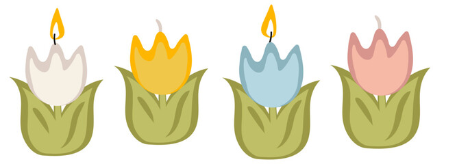 A set of Easter candles in colored simple tulips. Colored tulips pink, blue, yellow, white wax candles with a wick. Easter candles. Use for banners of flyers. Illustration flat. Childish