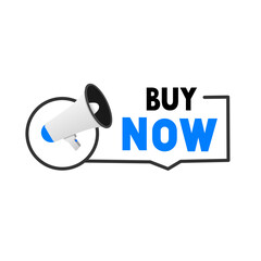 Buy now banner. Badge with megaphone icon - vector. Online shopping.