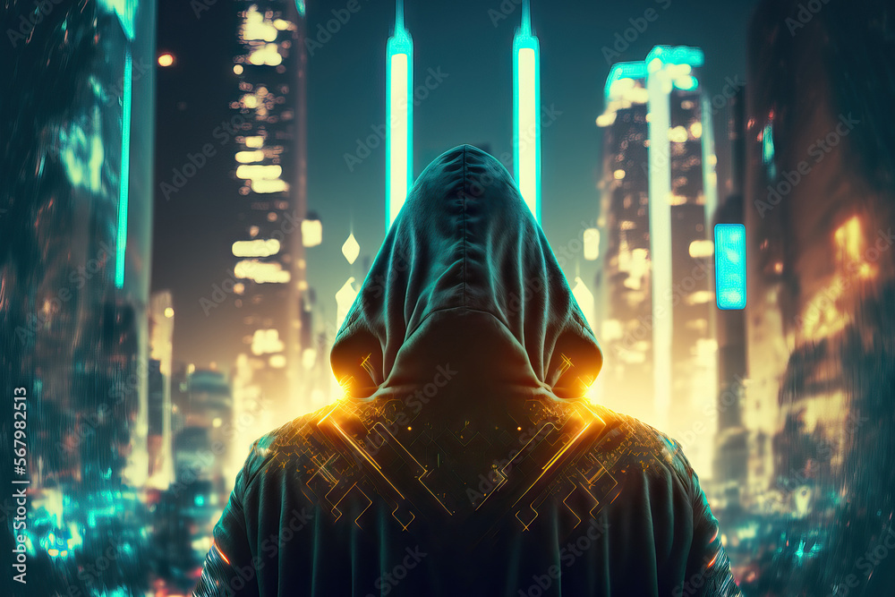 Poster ai hacker thief in the future city. concept of malware and hacking. a digital interface with hacker 
