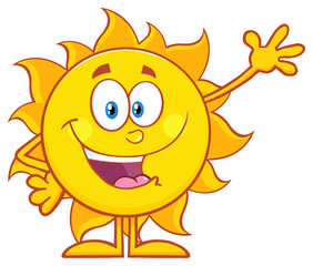 Happy Sun Cartoon Mascot Character Waving For Greeting. Hand Drawn Illustration Isolated On Transparent Background