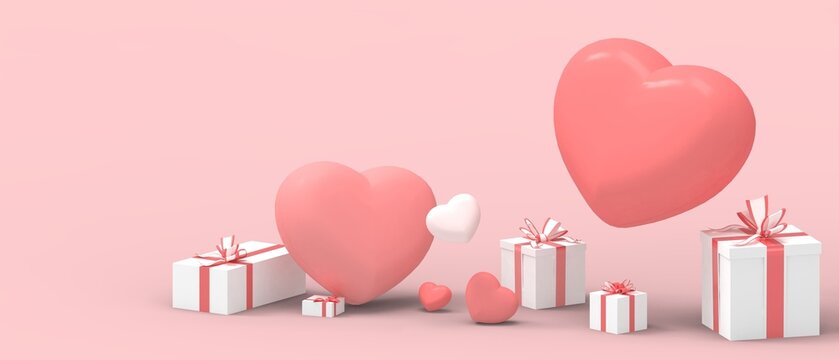 Happy Valentine's Day Greeting Card sells banner and Gift box with heart balloon for Happy birthday on pink background. Anniversary, Wedding, Romantic, Inspiration, copy space, Banner -3d Rendering