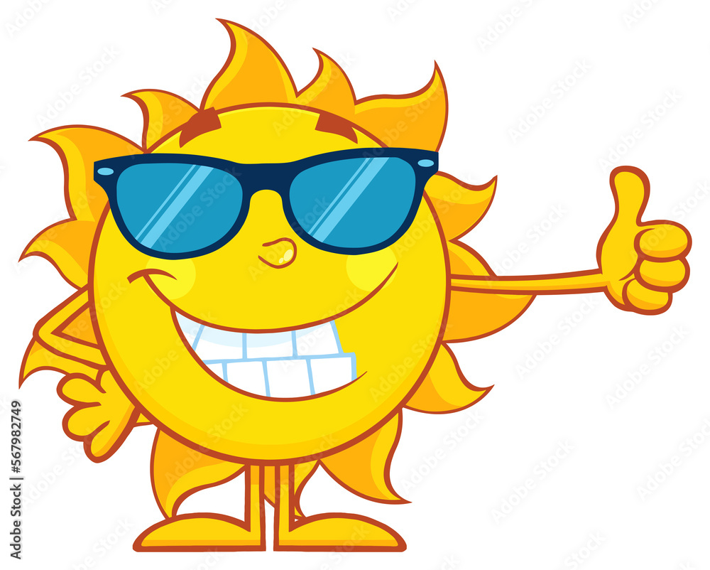 Wall mural smiling sun cartoon mascot character with sunglasses giving a thumbs up. hand drawn illustration iso