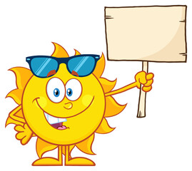 Summer Sun Cartoon Mascot Character With Sunglasses Holding A Wooden Blank Sign. Hand Drawn Illustration Isolated On Transparent Background