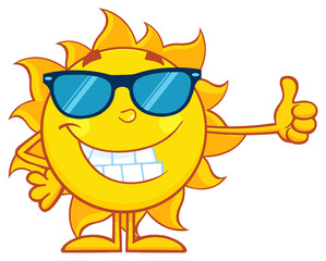Smiling Sun Cartoon Mascot Character With Sunglasses Giving A Thumbs Up. Hand Drawn Illustration Isolated On Transparent Background