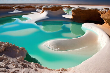 Desert has a natural saltwater lake. Siwa, Egypt's Oasis Egypt has a number of tourist attractions. a close up of white salt and turquoise water. Generative AI - obrazy, fototapety, plakaty