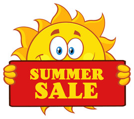 Cute Sun Cartoon Mascot Character Holding A Sign With Text Summer Sale. Hand Drawn Illustration Isolated On Transparent Background