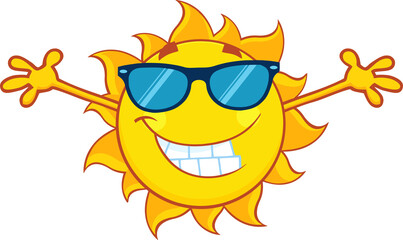 Smiling Summer Sun Cartoon Mascot Character With Sunglasses And Open Arms For Hugging. Hand Drawn Illustration Isolated On Transparent Background