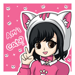 illustration art cute girl using cat costume character design