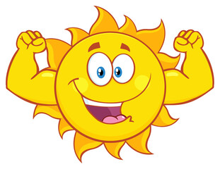 Happy Sun Cartoon Mascot Character Showing Muscle Arms. Hand Drawn Illustration Isolated On Transparent Background
