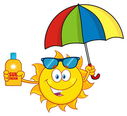 Cute Sun Cartoon Mascot Character Holding A Umbrella And Bottle Of Sun Block Cream With Text. Hand Drawn Illustration Isolated On Transparent Background