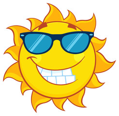 Smiling Summer Sun Cartoon Mascot Character With Sunglasses. Hand Drawn Illustration Isolated On Transparent Background