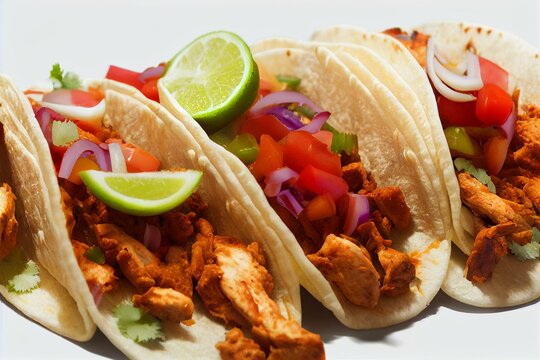 Three Spicy Chicken Street Tacos On A White Background. Generative AI