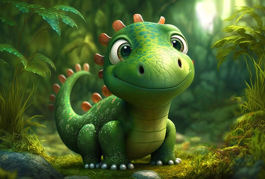 Cute smiling baby dinosaur in the jungle background in cartoon style.Adorable little dinosaur character.AI generated. © SkilledArt