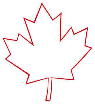 Outlined Canadian Maple Leaf Red Line Cartoon Drawing. Hand Drawn Illustration Isolated On Transparent Background